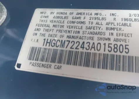 2003 Honda Accord 2.4 Lx из США, поврежденный, VIN 1HGCM72243A015805